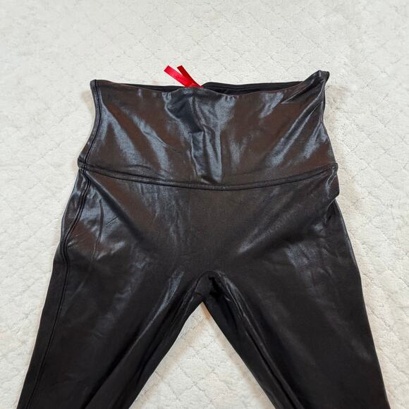 Spanx Faux Leather Leggings Power Waistband Shaping Compression Black Women Sz L - Picture 2 of 8